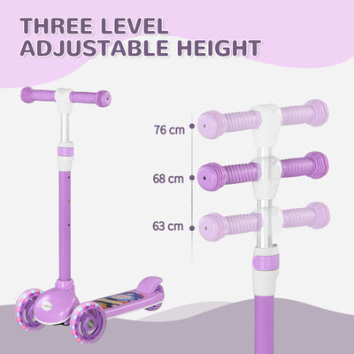 AIYAPLAY Kids 3 Wheel Scooter for 2-6 Years Old w/ Adjustable Height, LED Light, TPE Handlebar, Purple 