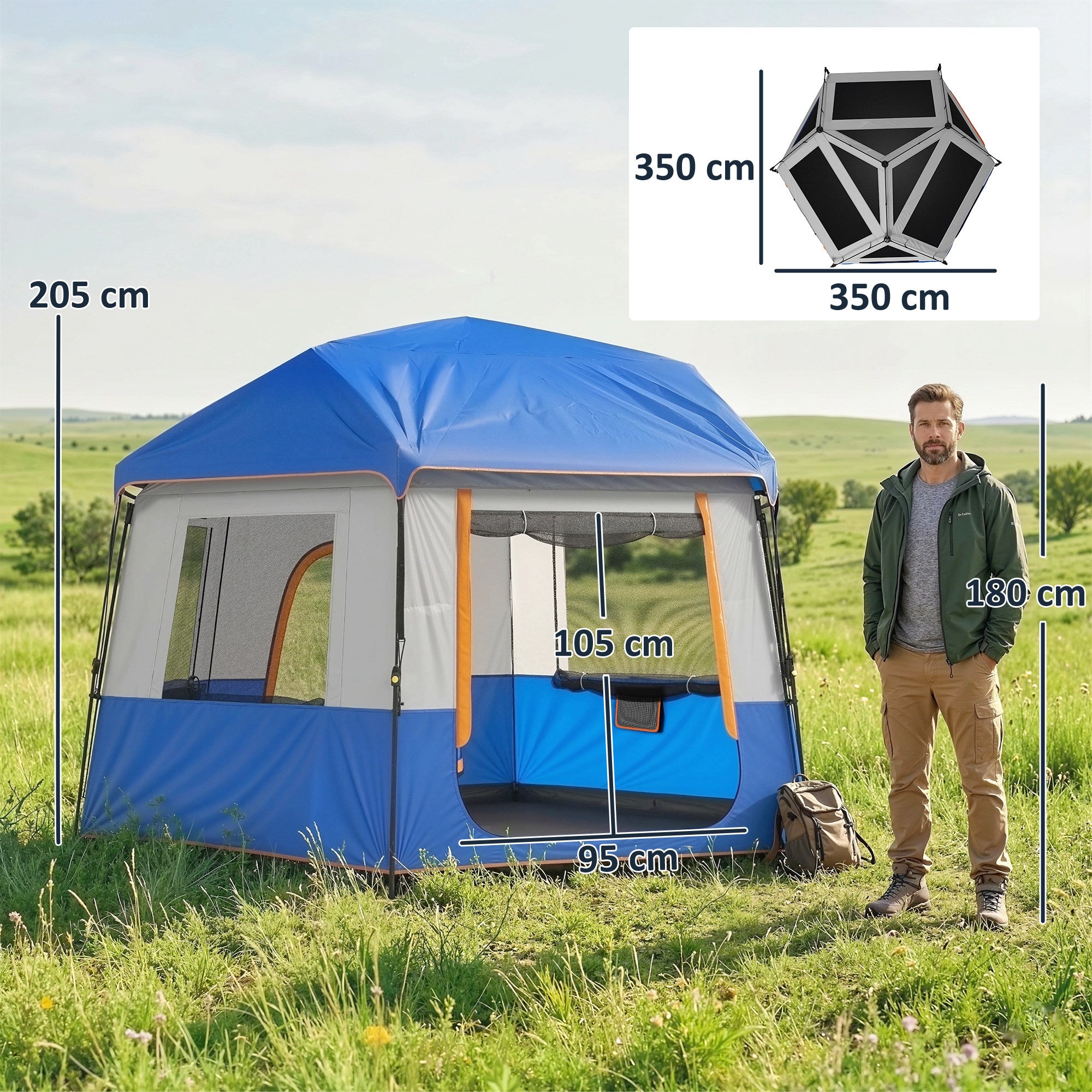 Outsunny Cabin Tent Easy Setup 3000mm Waterproof Camping Tent 4 Person with Carrying Bag Blue 