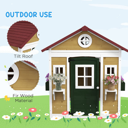 Outsunny Wooden Playhouse with Doors, Windows, Plant Pots, Boxes, for 3-8 Years - Beige 