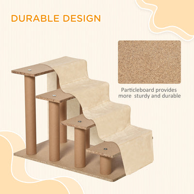 PawHut Four-Step Dog Stairs, with Washable Plush Cover, for High Bed Sofa, Dog Stairs for Small Dog and Cat - Beige 