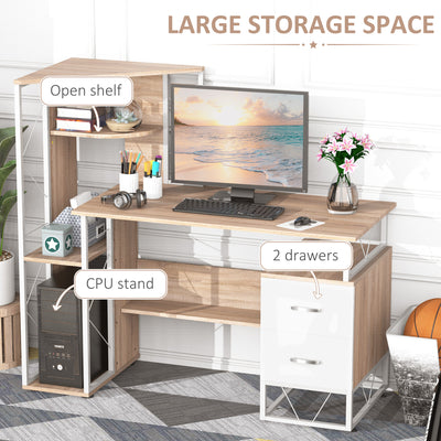 HOMCOM Computer Desk with Drawers and Bookshelf, Writing Desk for Home Office with Storage Shelves, Study Workstation, Oak 
