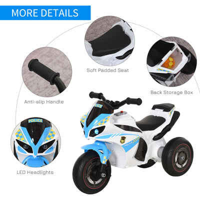 HOMCOM Kids Ride-On Police Bike 3-Wheel Vehicle w/ Music Lights Safe Seat Handlebars Toddler NO POWER Child Learning Fun Development 18-36 Months Blue 