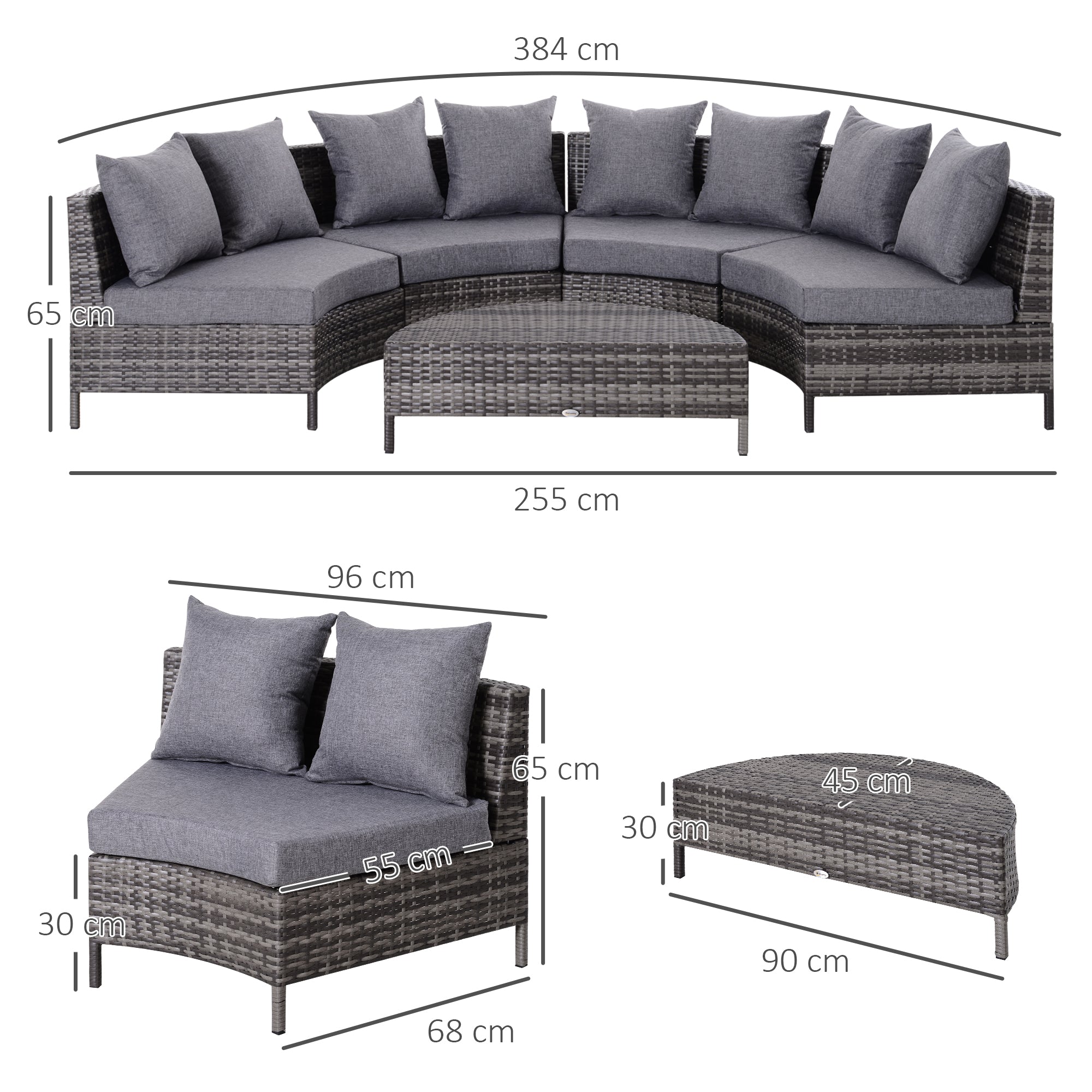 Outsunny 5 Pieces Rattan Garden Furniture Set, 4 Seater Half-Round Garden Sofa Set with Thickened Cushions, Wicker Conservatory Furniture with 4 Chairs, Rattan Coffee Table and Pillows, Grey 