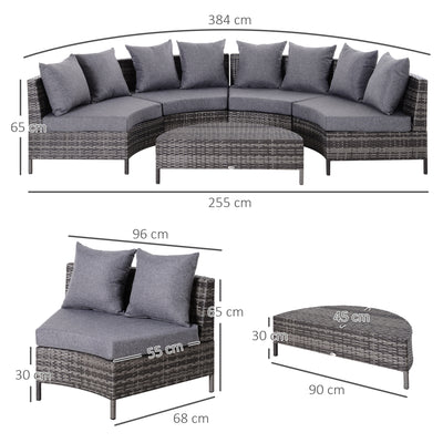 Outsunny 5 Pieces Rattan Garden Furniture Set, 4 Seater Half-Round Garden Sofa Set with Thickened Cushions, Wicker Conservatory Furniture with 4 Chairs, Rattan Coffee Table and Pillows, Grey 