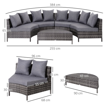 Outsunny 5 Pieces Rattan Garden Furniture Set, 4 Seater Half-Round Garden Sofa Set with Thickened Cushions, Wicker Conservatory Furniture with 4 Chairs, Rattan Coffee Table and Pillows, Grey 
