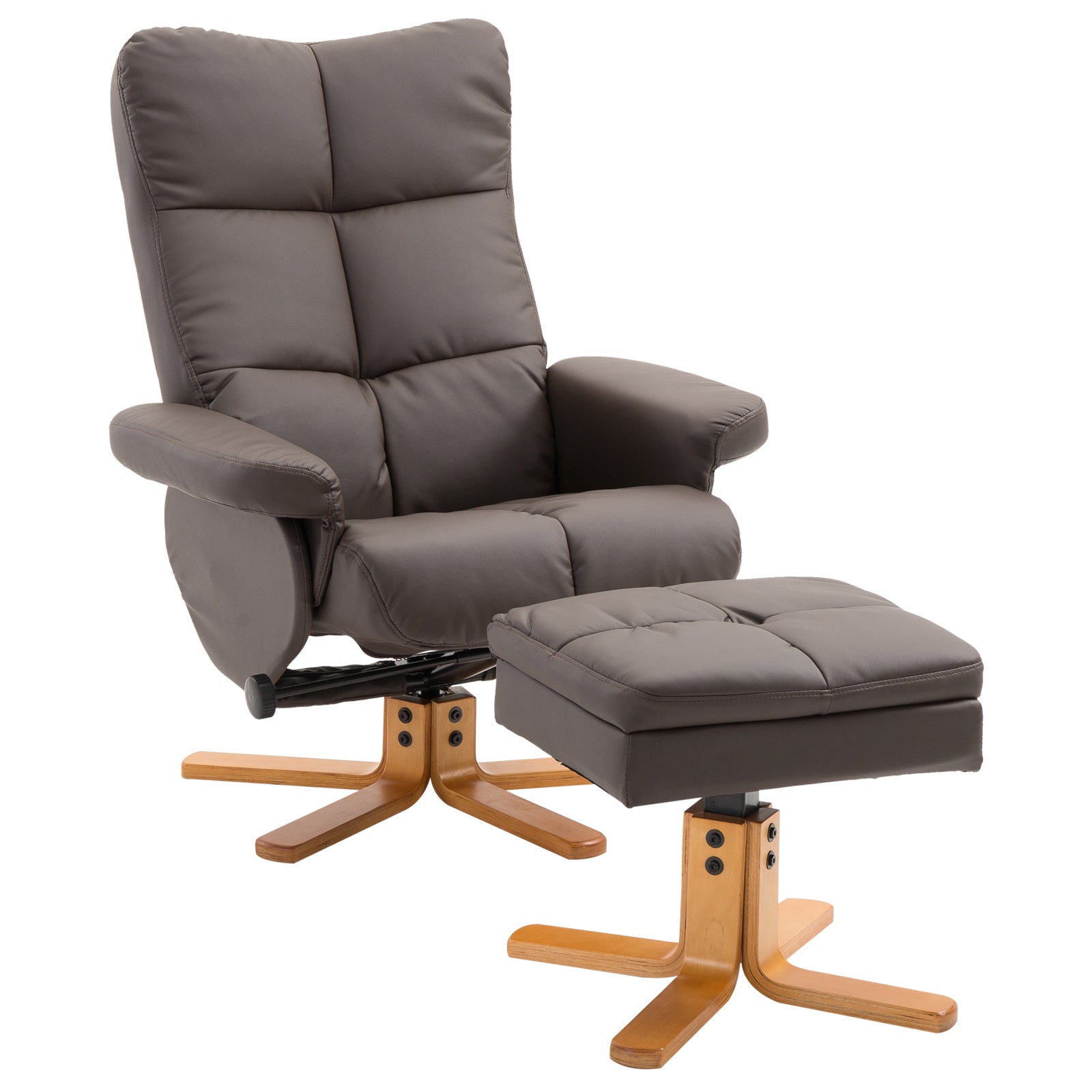 HOMCOM Recliner Armchair, Swivel Reclining Chair With Ottoman, Swivel Faux Leather Chair with Wooden Base and Storage Footstool for Living Room, Brown 