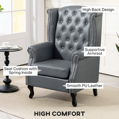 HOMCOM Wingback Accent Chair Tufted Chesterfield-style Armchair with Nail Head Trim for Living Room Bedroom Grey 