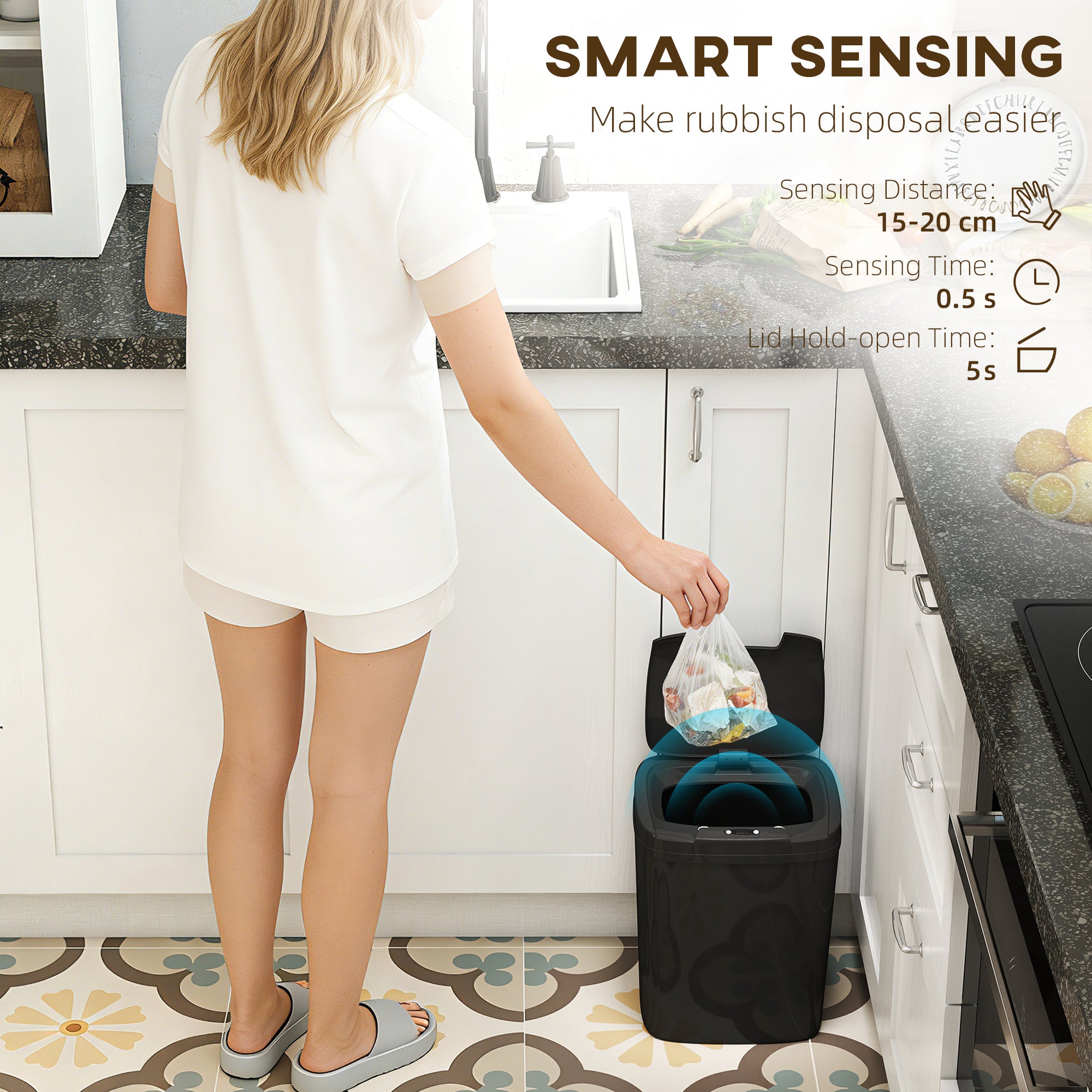 HOMCOM 15L Sensor Bin, Automatic Touchless Kitchen Bin, Easy Clean, Battery Operated for Home Office, Bedroom, Bathroom, Black 