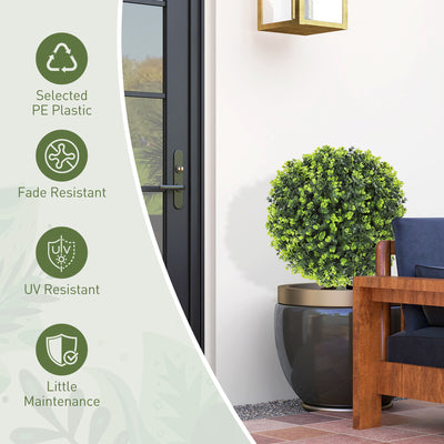 HOMCOM Set of 2 40 cm Artificial Boxwood Topiary Ball Bush with Integrated Ground Stake, Indoor Outdoor UV Resistant Faux Greenery, Faux Plants for Garden, Porch, Balcony 