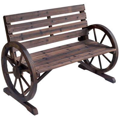 Outsunny 2 Seater Garden Bench with Wooden Cart Wagon Wheel Rustic High Back Brown 