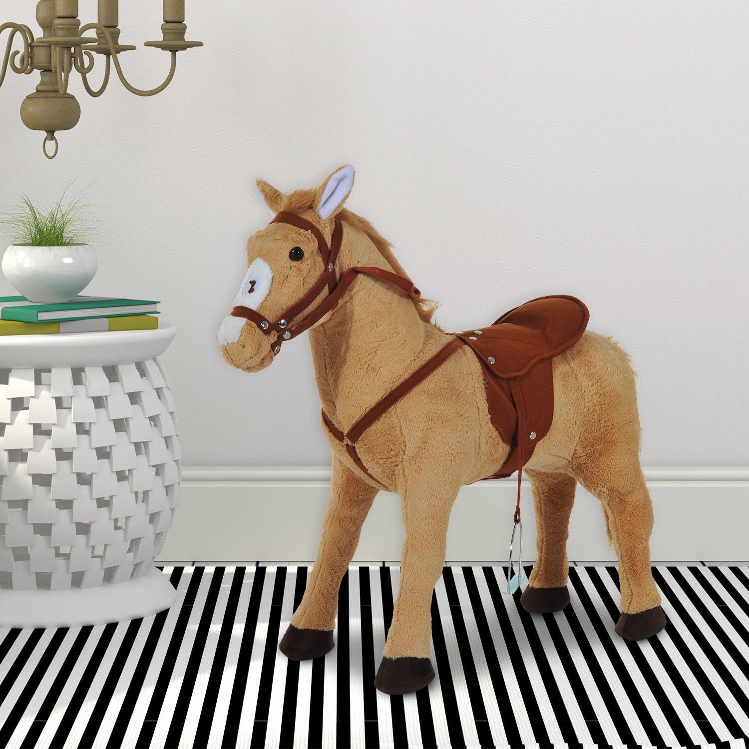 HOMCOM Kids Ride On Standing Horse Cuddly Toy Children Plush Soft Pony Gift w/ Neigh Sound or 3 Years and Up Beige 