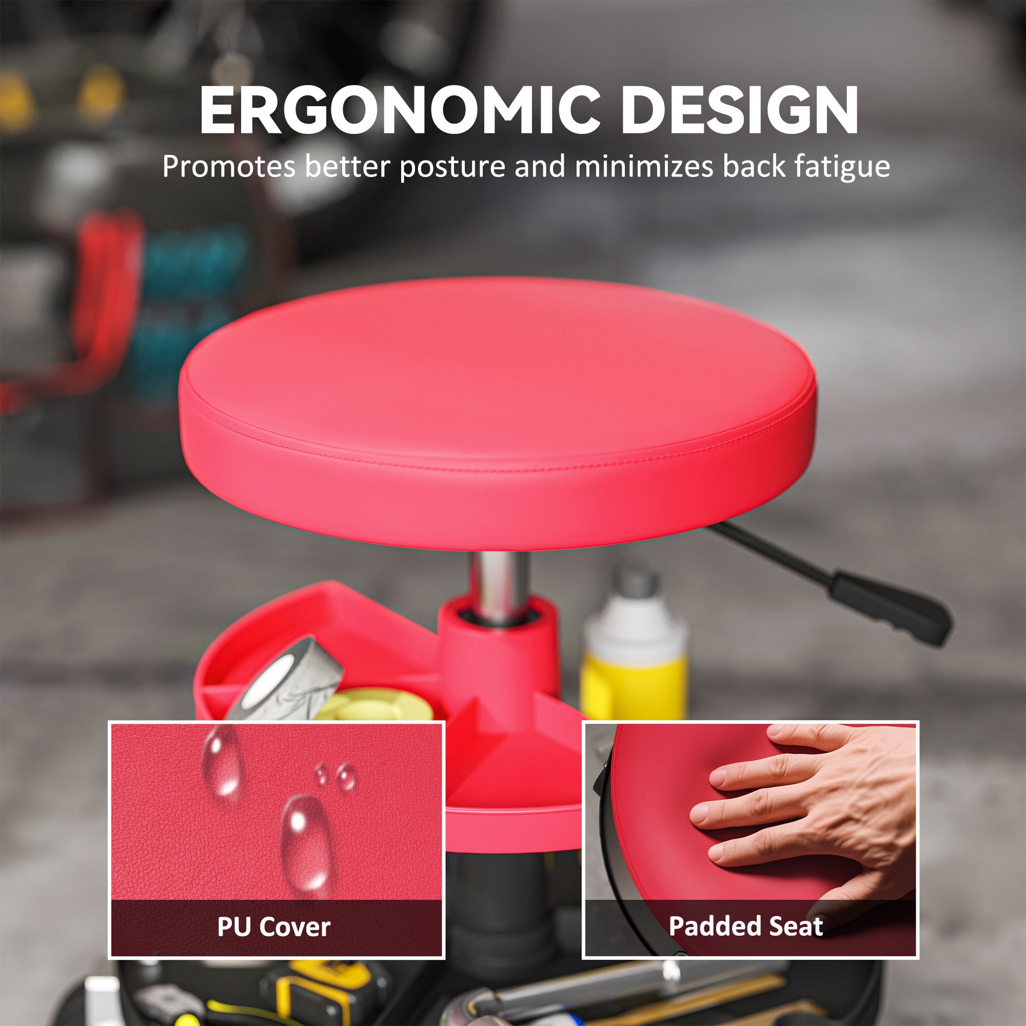 HOMCOM Rolling Mechanic Stool, 135kg Capacity Workshop Stool, 360° Swivel Roller Padded Creeper Seat with Wheels, Tool Trays Storage for Garage, Shop, Auto Repair, Red 