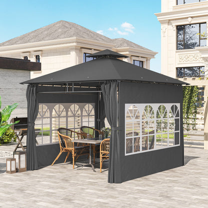 Outsunny 3 x 3 m Garden Gazebo, Double Roof Metal Gazebo with Removable Sidewalls and Church Windows, Outdoor Canopy Shelter, Dark Grey 