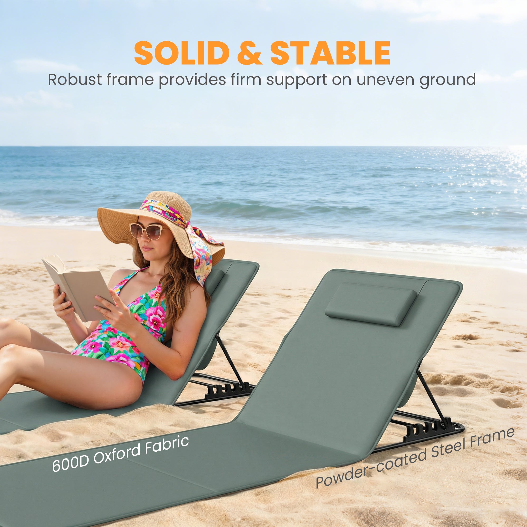 Outsunny Foldable Sun Loungers Set of 2, Portable Folding Beach Lounger with 4-level Adjustable Backrest, Grey 