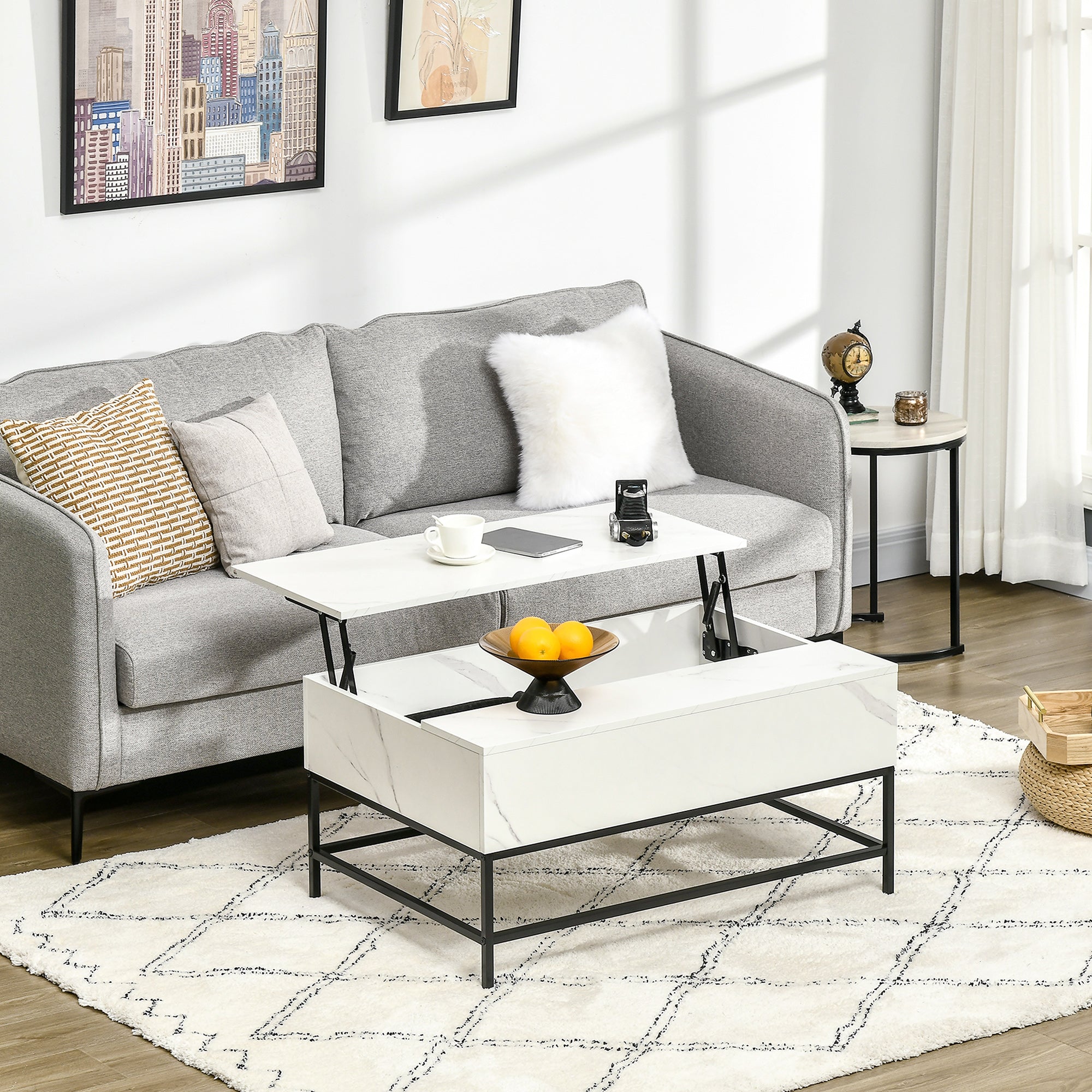 HOMCOM Modern Lifting Coffee Table with Hidden Compartment, Storage Coffee Table for Living Room, Faux Marble White 