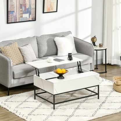 HOMCOM Modern Lifting Coffee Table with Hidden Compartment, Storage Coffee Table for Living Room, Faux Marble White 
