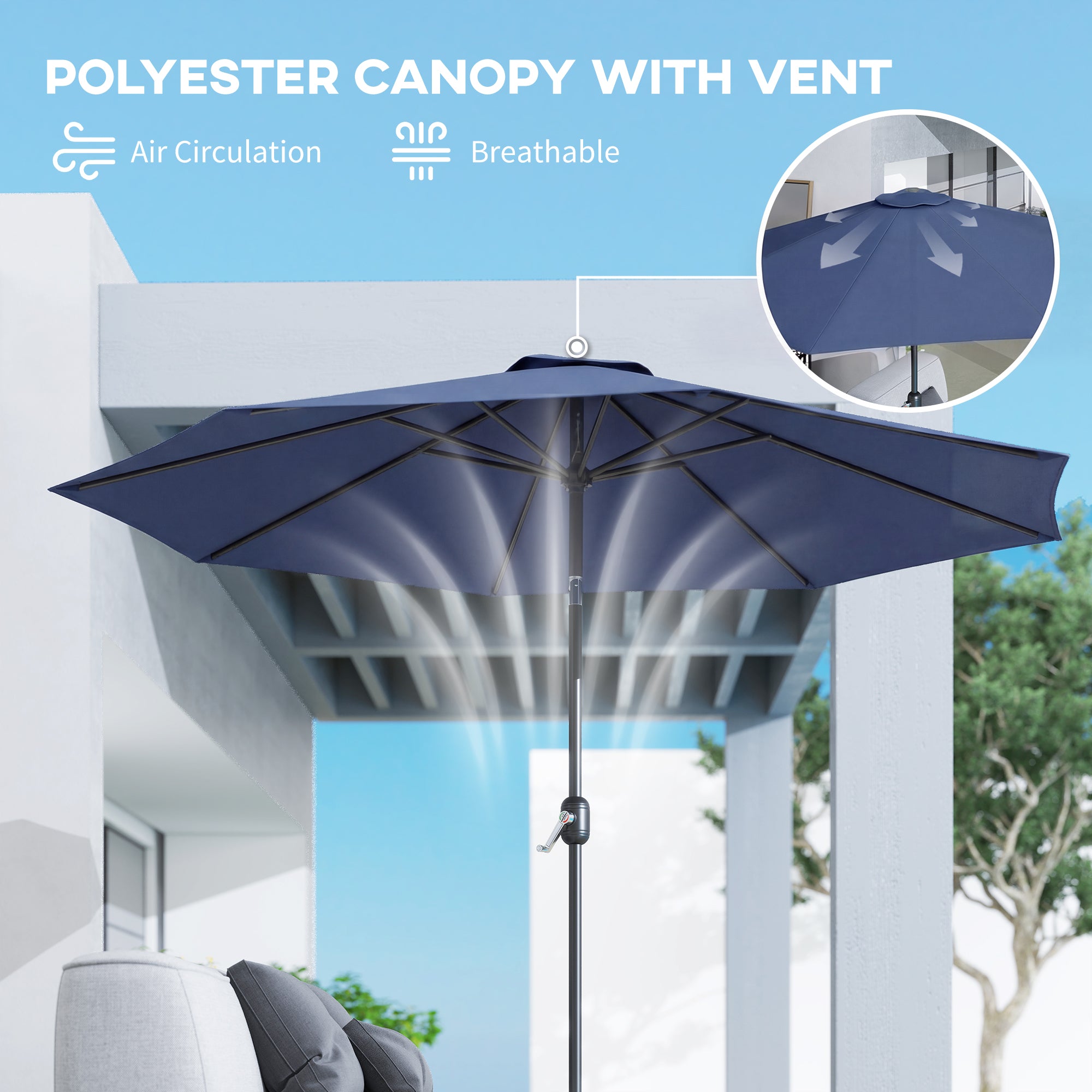 Outsunny 3 m Garden Parasol Umbrellas, Outdoor Sun Shade with 8 Ribs, Tilt and Crank Handle, Navy Blue 