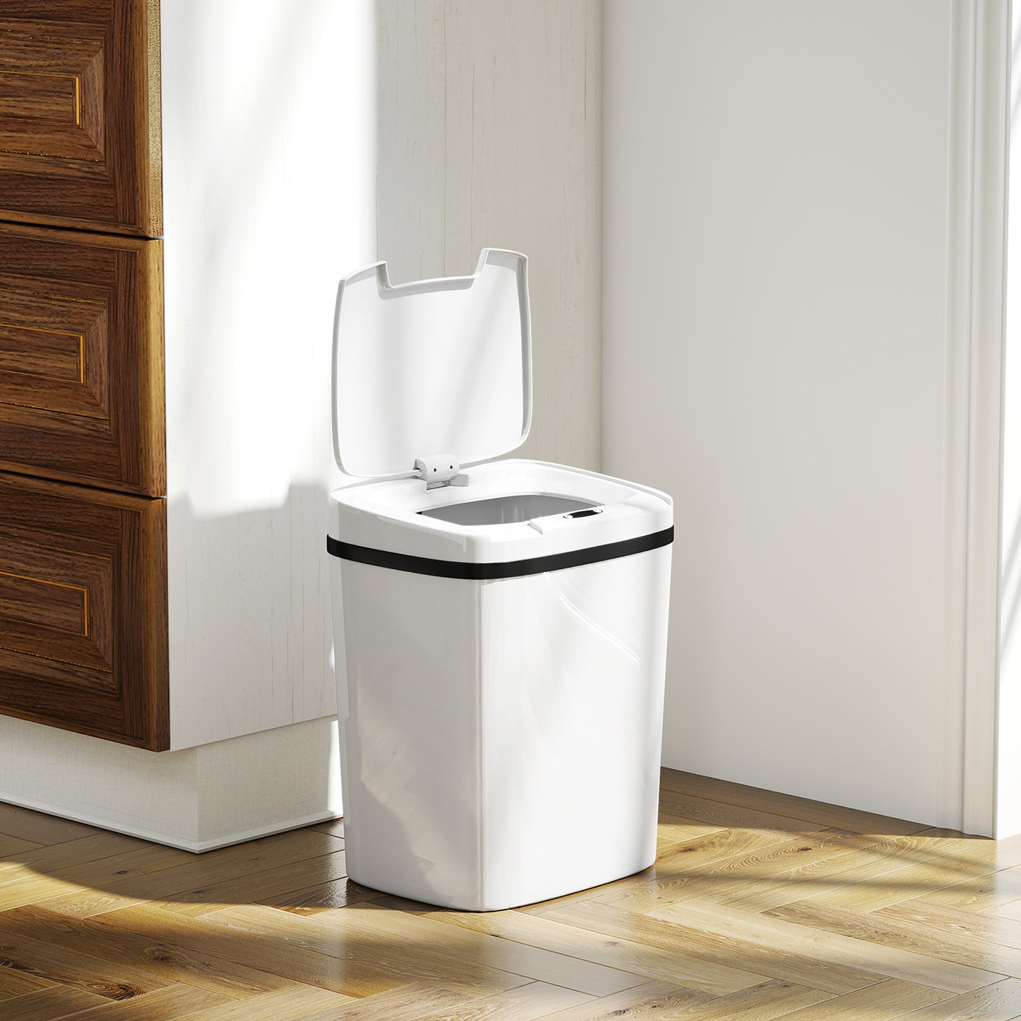 HOMCOM 15L Sensor Bin, Automatic Touchless Kitchen Bin, Easy Clean, Battery Operated for Home Office, Bedroom, Bathroom, White 