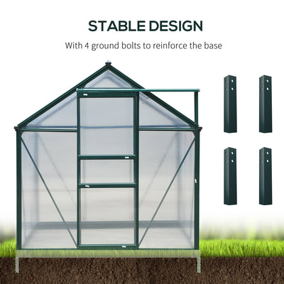 Outsunny 6 x 8ft Polycarbonate Greenhouse, Large Walk-In Green House with Slide Door and Window, Garden Plants Grow House with Aluminium Frame and Foundation, Dark Green 