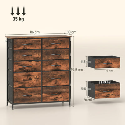 HOMCOM Chest of Ten Fabric Drawers - Rustic Brown 