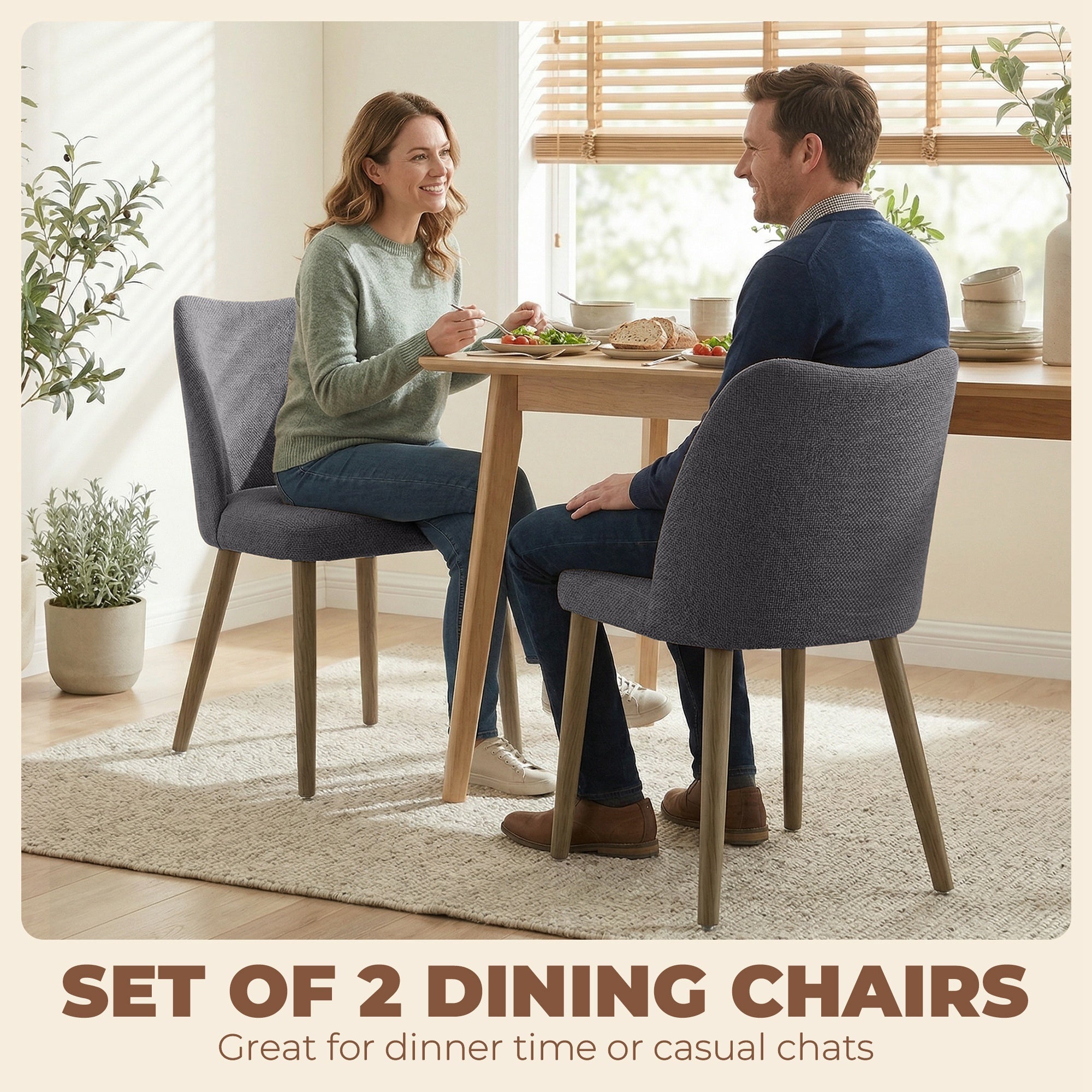 HOMCOM Dining Chairs Set of 2, Linen Upholstered Kitchen Chairs with Padded Seat, Curved Backrest, Rubberwood Legs, Dark Grey 