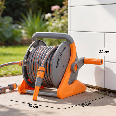 Outsunny Portable Garden Hose Reel, 20+2 m Wall Mounted Hose Reel with 2 Patterns Spray Nozzle and Crank Handle, Orange 