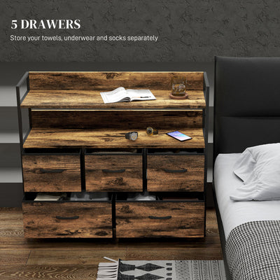 HOMCOM Rustic Chest of Five Fabric Drawers - Rustic Brown 