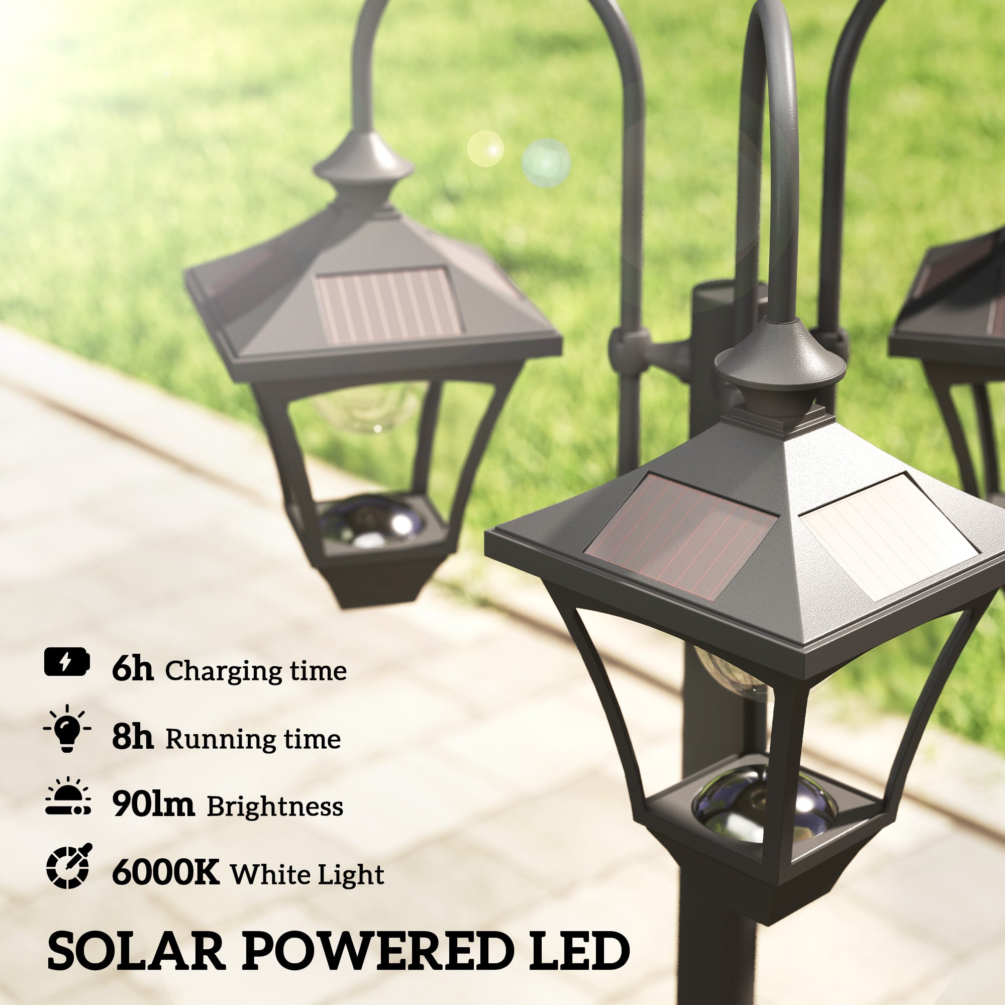 Outsunny Solar Lamp Post with Dusk-to-Dawn Sensor Street Light with 3-Head Planter 185 cm Black 