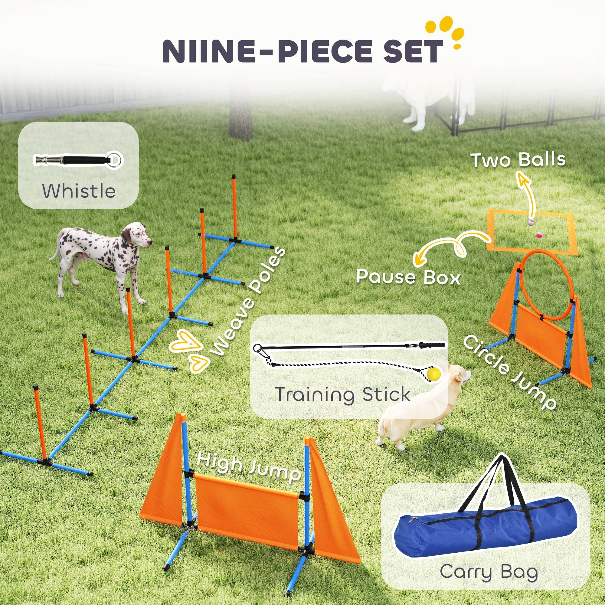 PawHut 7-Piece Dog Agility Equipment Set with Weave Poles, Jump Ring and Hurdle, Pause Box and Carry Bag, Orange 