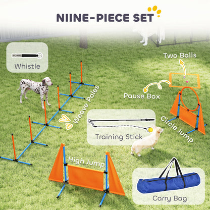 PawHut 7-Piece Dog Agility Equipment Set with Weave Poles, Jump Ring and Hurdle, Pause Box and Carry Bag, Orange 
