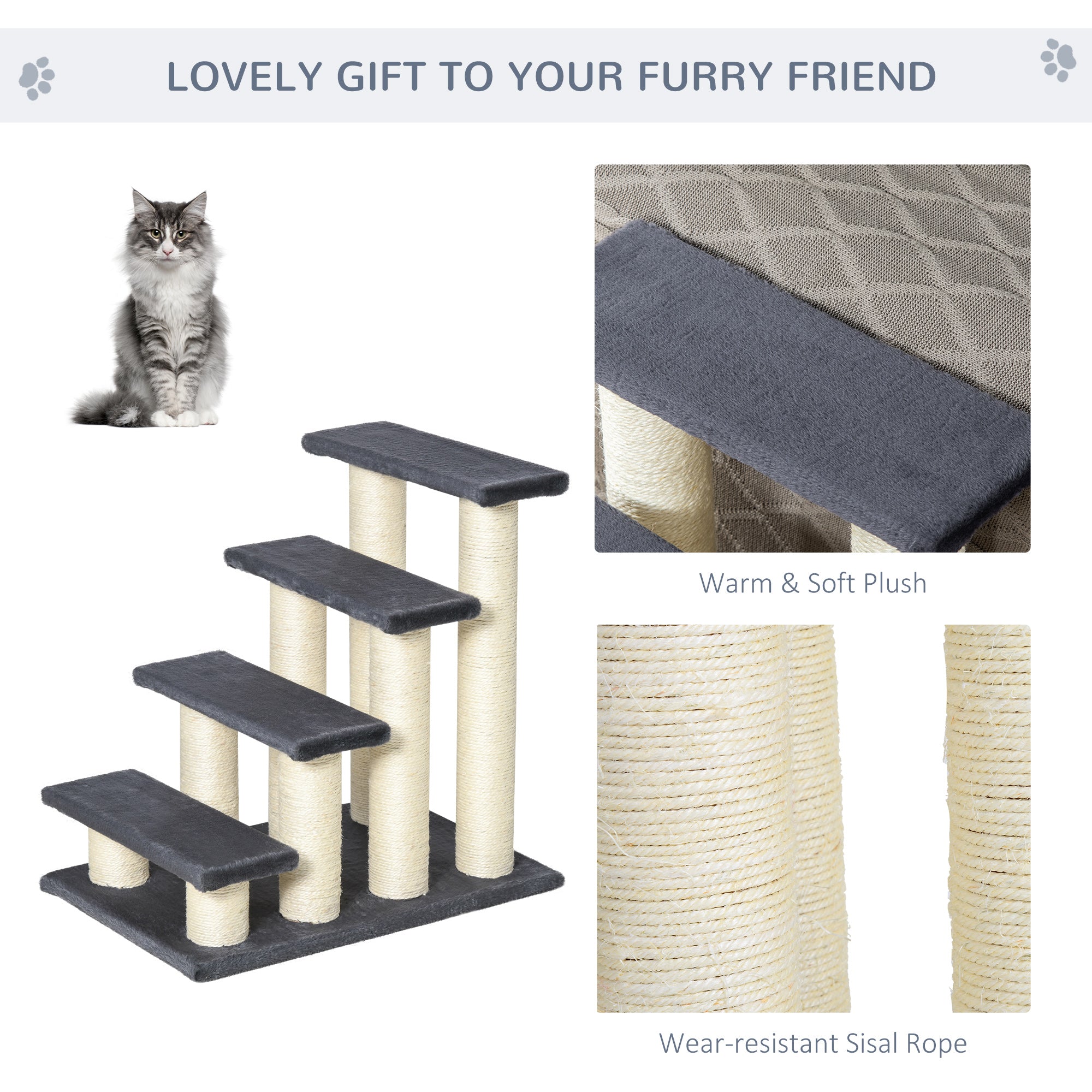 PawHut Dog Steps for Bed 4 Step Pet Stairs for Dog Cat ladder Scratch Post Grey 