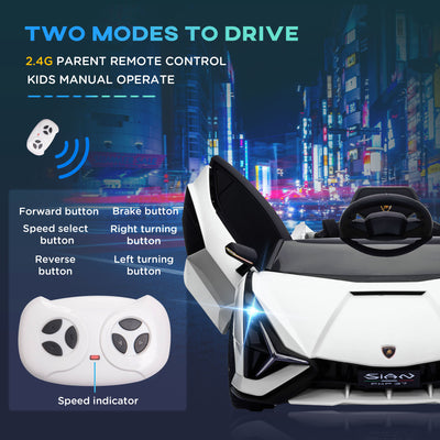 HOMCOM Lamborghini Sian Licensed 12V Kids Electric Ride On Car 2 Motors Toy Car with Remote Control Music Lights MP3 for 3-5 Years White 