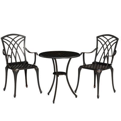 Outsunny 3 Pieces Garden Dining Set for 2, Cast Aluminium Outdoor Dining Set with 2 Armchairs and Round Dining Table with Parasol Hole, Garden Furniture Set, Bronze Tone 