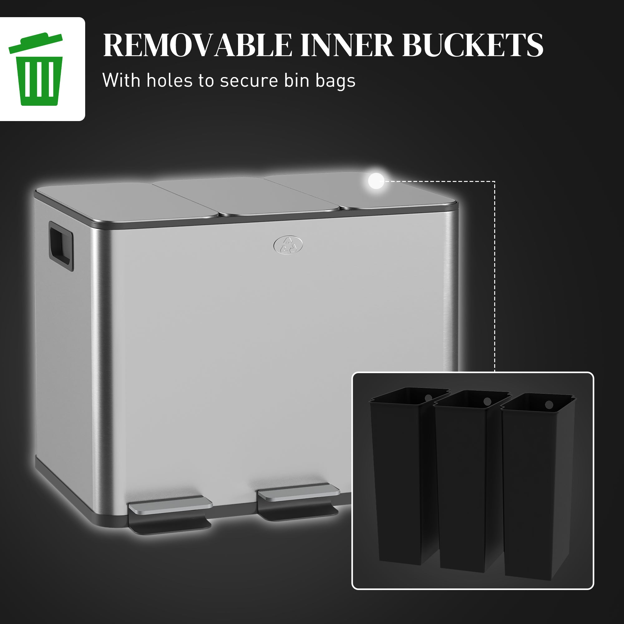HOMCOM 3 x 20L Pedal Bin, Steel Triple Kitchen Bin with Soft Close Lid, Removable Inner Buckets, Fingerprint-Proof, Silver Tone 