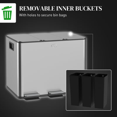HOMCOM 3 x 20L Pedal Bin, Steel Triple Kitchen Bin with Soft Close Lid, Removable Inner Buckets, Fingerprint-Proof, Silver Tone 