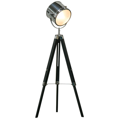 HOMCOM Industrial Style Adjustable Tripod Floor Lamp, Searchlight Lamp with Wooden Legs and Steel Lampshade, 110-155cm, Black 