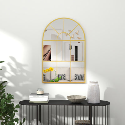 HOMCOM Modern Arched Wall Mirror, 91 x 60 cm Window Mirrors for Living Room, Bedroom, Gold Tone 