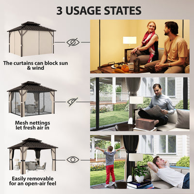 Outsunny 3x3.6 m Hardtop Gazebo Canopy with UPF50+ Double Galvanised Steel Roof, Aluminium Garden Gazebo Permanent Pavilion, Brown 