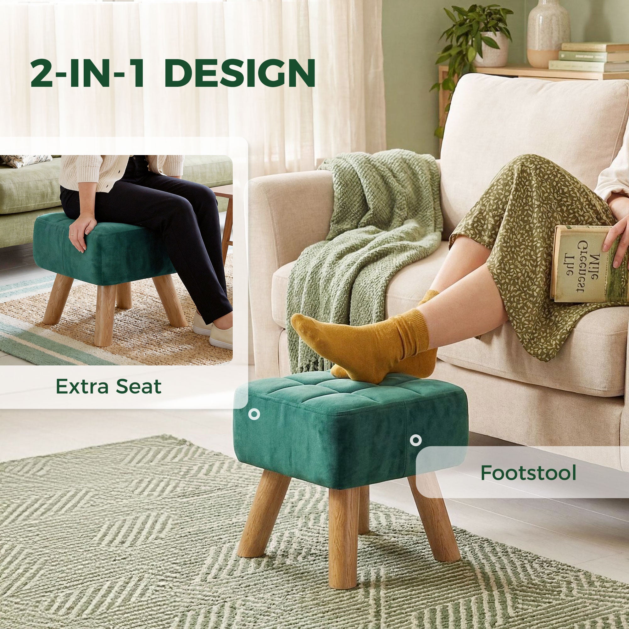 HOMCOM Velvet Square Padded Footstool - Dark Green 