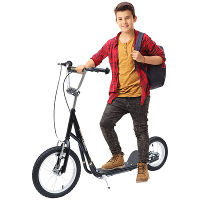 HOMCOM Kids Scooter, Teen Kick Scooter with Rubber Wheels, 16" Front Wheel, Height Adjustable Handlebar, Dual Brakes, Kick Stand, for 5+ Years, Black 