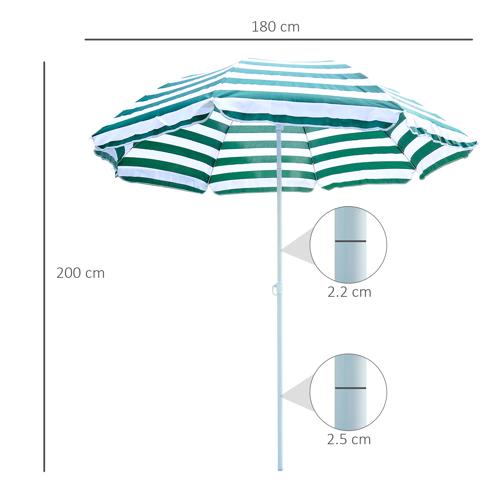 Outsunny 1.8m Beach Parasol Umbrella with Tilt Canopy, Lightweight Patio Garden Sunshade with 8 Ribs, Green & White Stripe