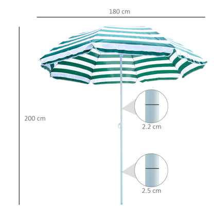 Outsunny 1.8m Beach Parasol Umbrella with Tilt Canopy, Lightweight Patio Garden Sunshade with 8 Ribs, Green & White Stripe