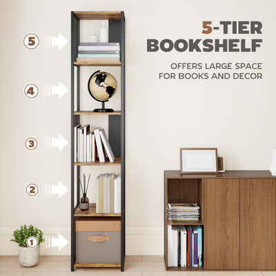 HOMCOM 5-Tier Bookshelf with Steel Frame - Rustic Brown 