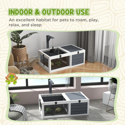 PawHut Tortoise Table with Wooden Lamp Holder, Wooden Tortoise House w/ Openable Lids, Pull-Out Trays - Grey 