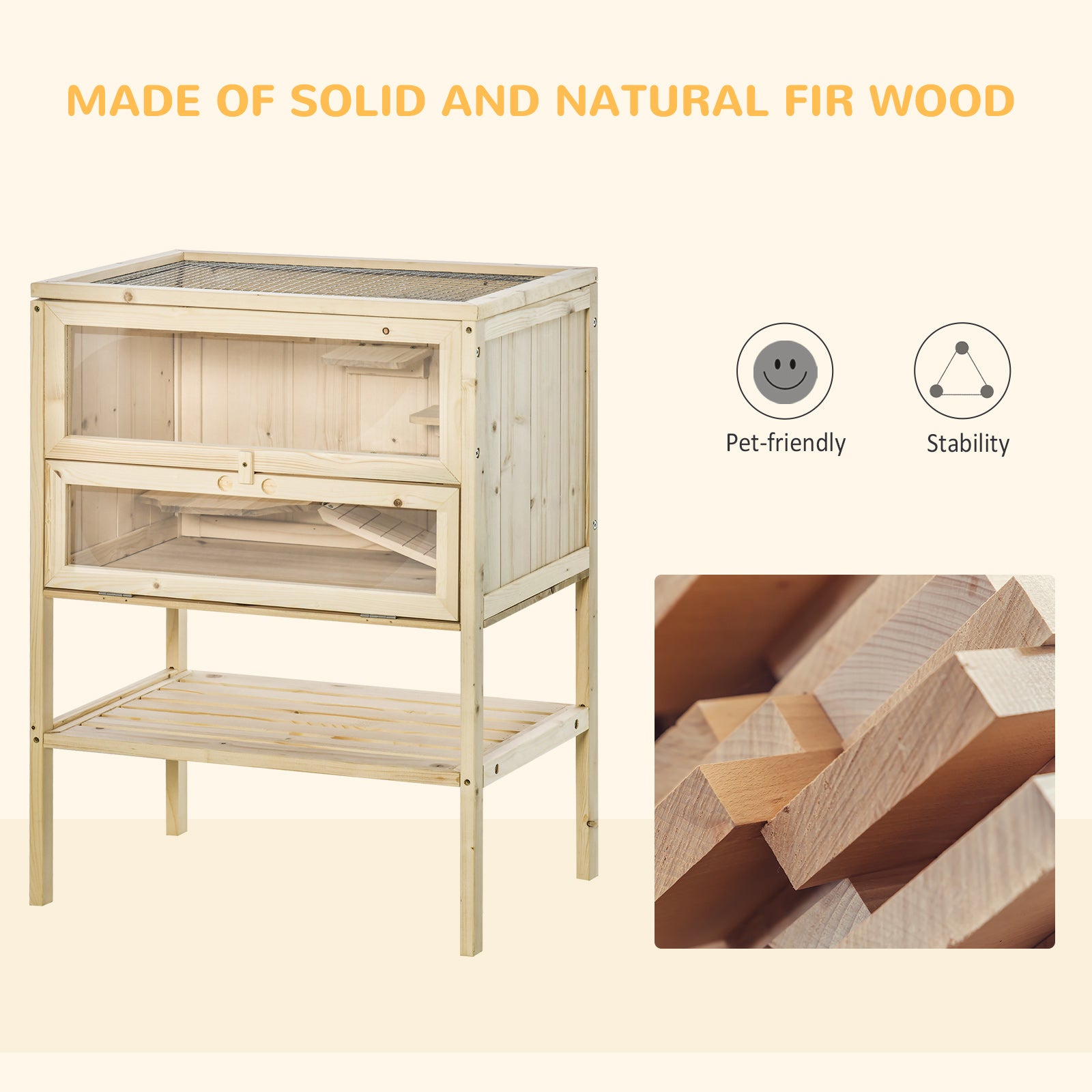PawHut Wooden Hamster Cage with Storage Shelf, Small Animal Exercise Play House with Openable Top, for Hamsters, Gerbils, 60 x 40 x 80 cm - Natural 