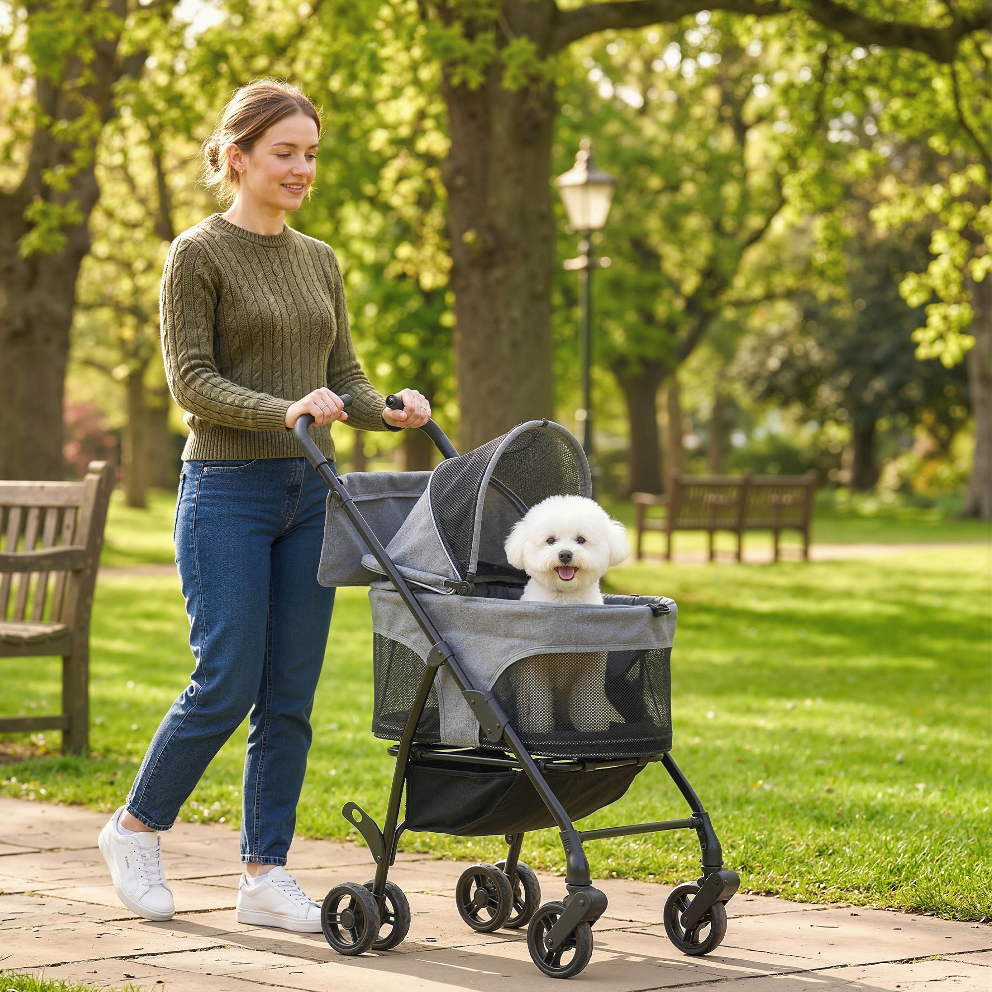 PawHut Pet Stroller, Foldable Dog Cat Stroller with Detachable Carrier, Wheels, Storage Basket, Secure Leash 