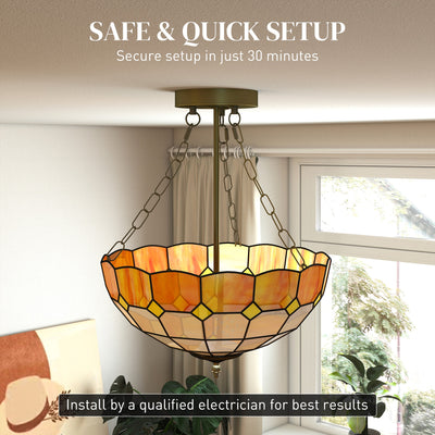 HOMCOM Tiffany Style Ceiling Light, Vintage Chandelier with 3 E27 Sockets, Semi Flush Mount for Living Room, Bulbs Not Included 