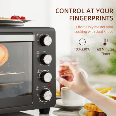 HOMCOM 28L Mini Oven with 2 Hot Plates, Countertop Toaster Oven, Grill, Roast, Bake, Boil, with Timer, Adjustable Temperature, Electric Oven with Baking Tray, Grill Rack, Crumb Tray, 2600W, Black 