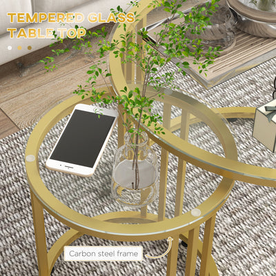 HOMCOM Round Coffee Tables Set of 2, Nesting Tables with Tempered Glass Top and Steel Frame, 60cmx60cmx47cm, Gold Tone 