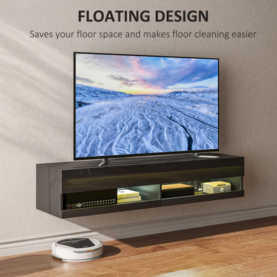 HOMCOM Floating TV Unit, Wall Mounted TV Cabinet for TVs up to 65", High Gloss Media Wall Unit with LED Lights, Storage Shelves for Living Entertainment Room, Black 